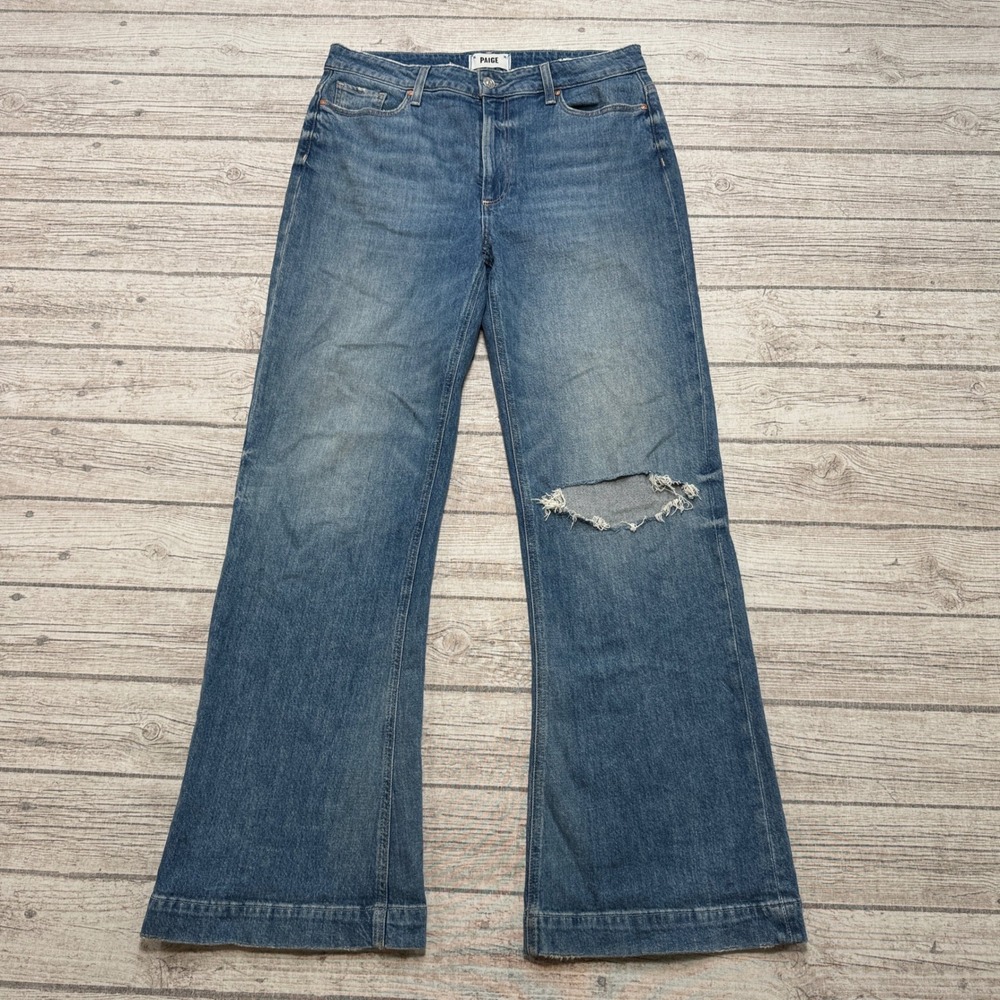Paige Jeans Women's 30 Blue Denim High Rise Flare Ripped Distressed Medium Wash